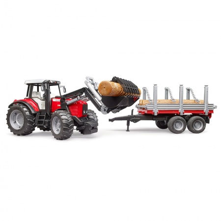 Tractor Massey Ferguson 7480 cu încărcător frontal și remorcă de transport lemn