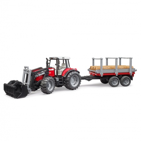 Tractor Massey Ferguson 7480 cu încărcător frontal și remorcă de transport lemn