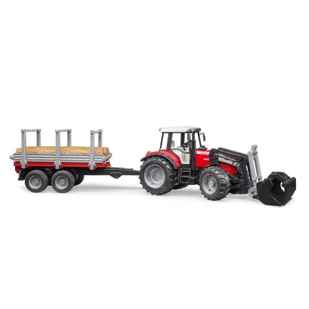 Tractor Massey Ferguson 7480 cu încărcător frontal și remorcă de transport lemn