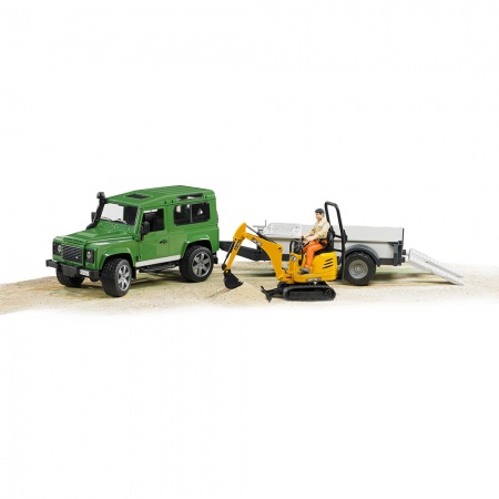 Mașină de teren Land Rover Defender cu remorcă și excavator cu șenile JCB - Bruder 2593
