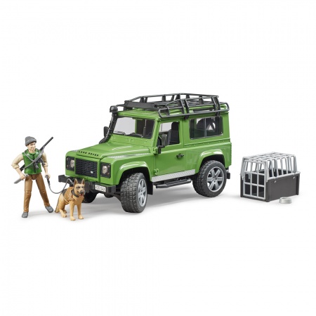 Mașină de teren Land Rover Defender station wagon cu pădurar și câine - Bruder 2587